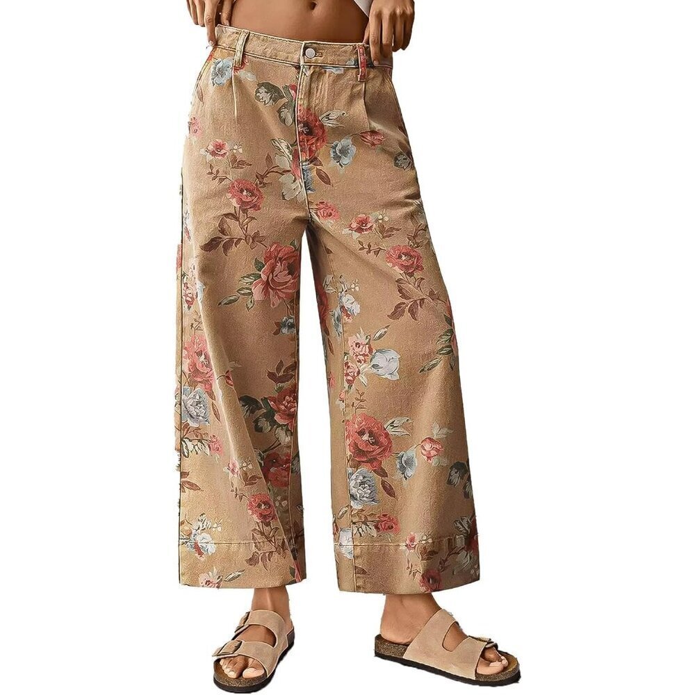 Floral Print Cropped Wide Leg Pants Women Boho Casual Elegant Size S